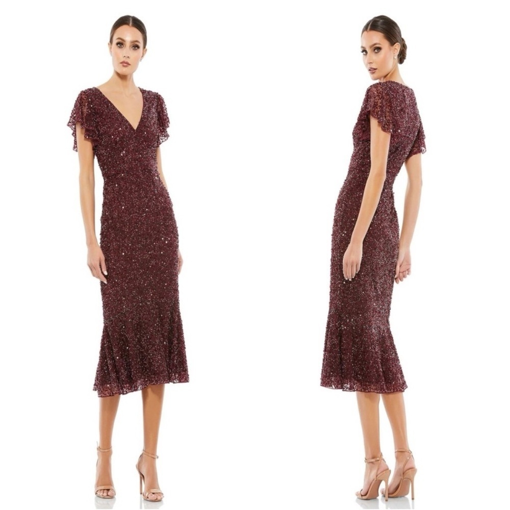 Mac Duggal NWT 10801 Sequined Deep V-Neck Sheath Dress Garnet Color Size 6